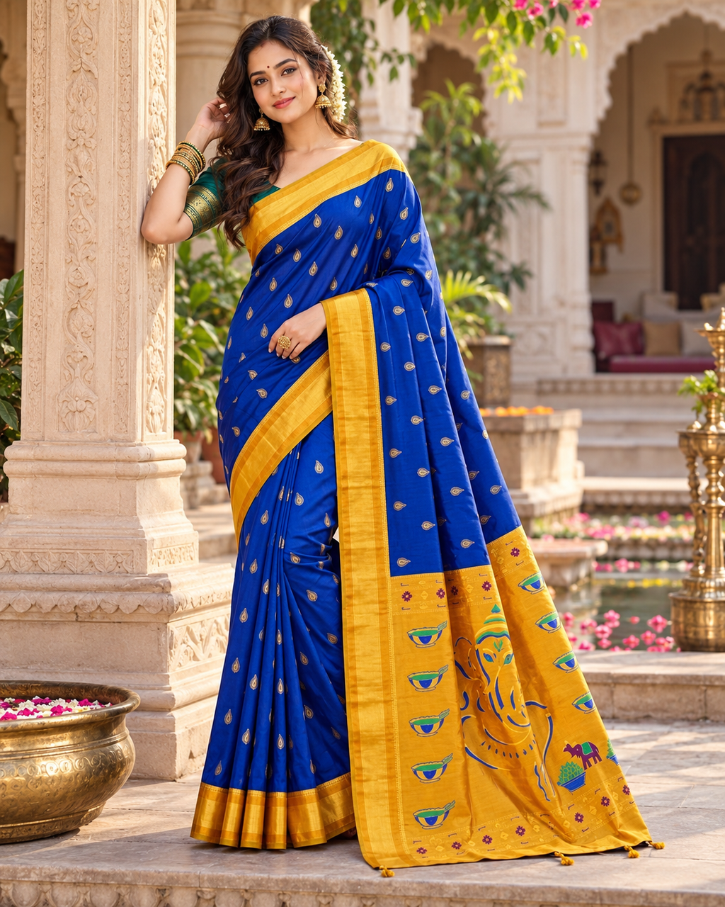 Premium Paithani Katan Silk Butti Saree With Zari Border Unstitched Blouse (Deep Blue)