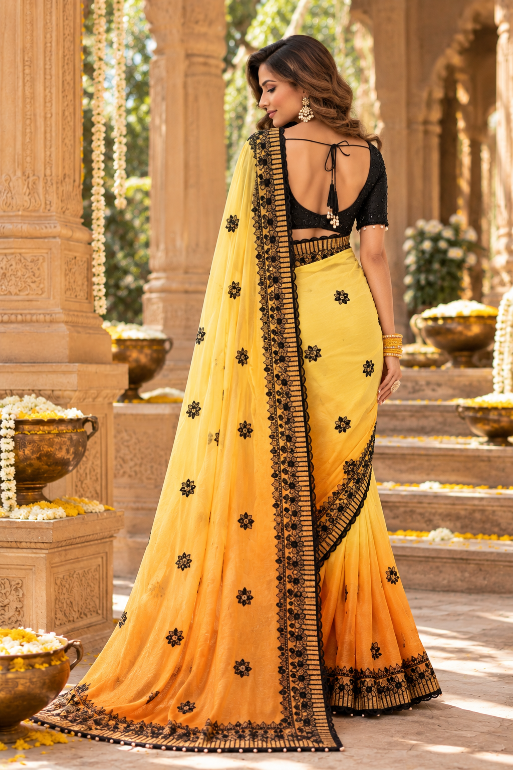 Crush Silk Embroidery Sequin Work Saree With Unstitched Blouse(Yellow)