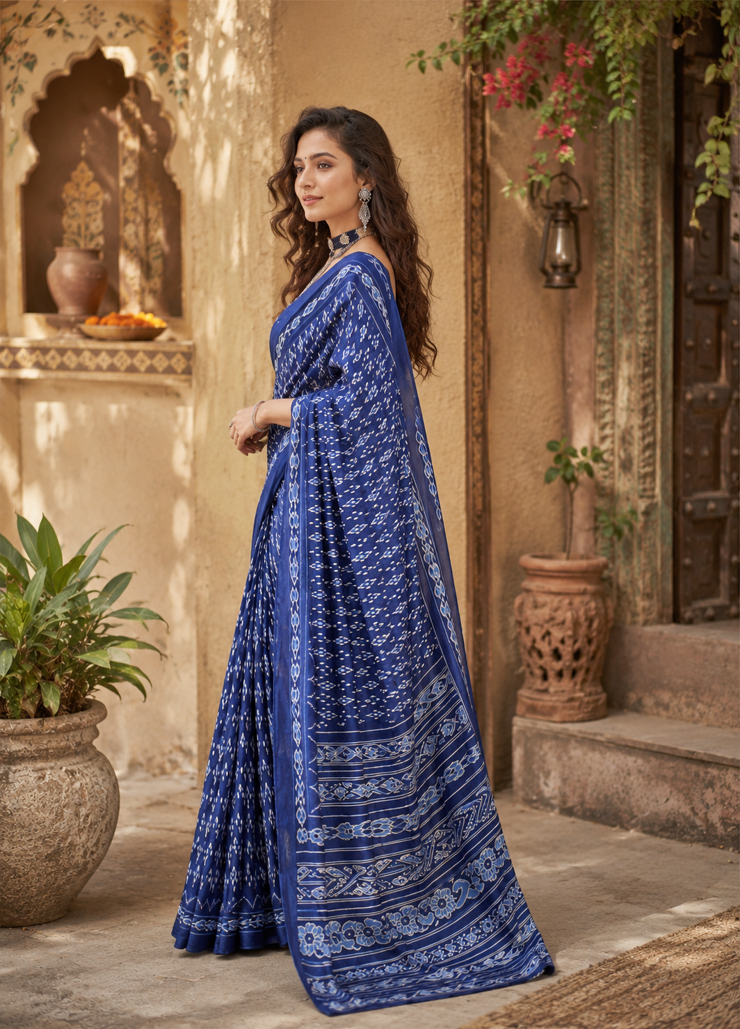 Crepe silk patola printed sarees with unstitched blouse(blue)