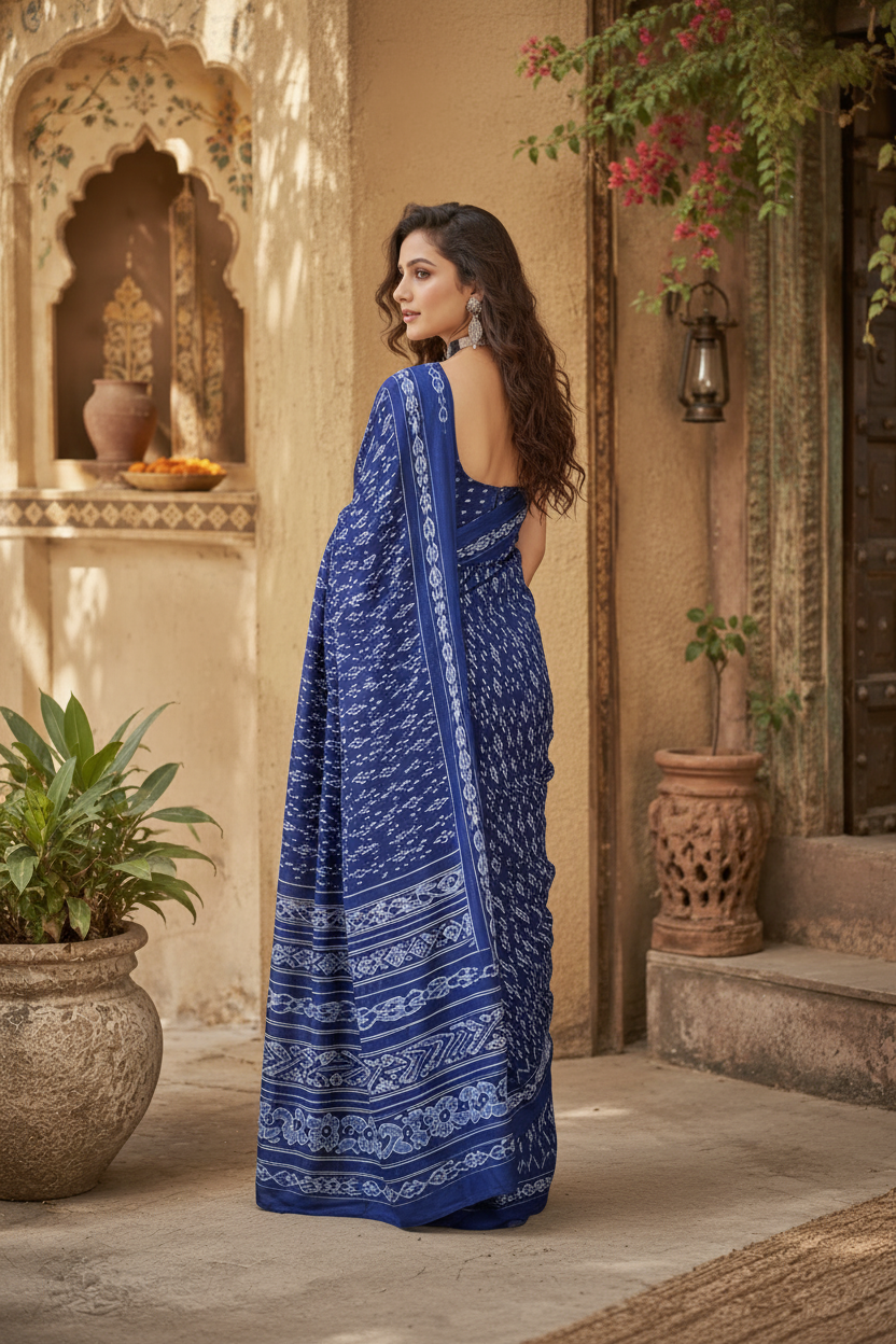 Crepe Silk Patola Printed Sarees With Unstitched Blouse(Blue)