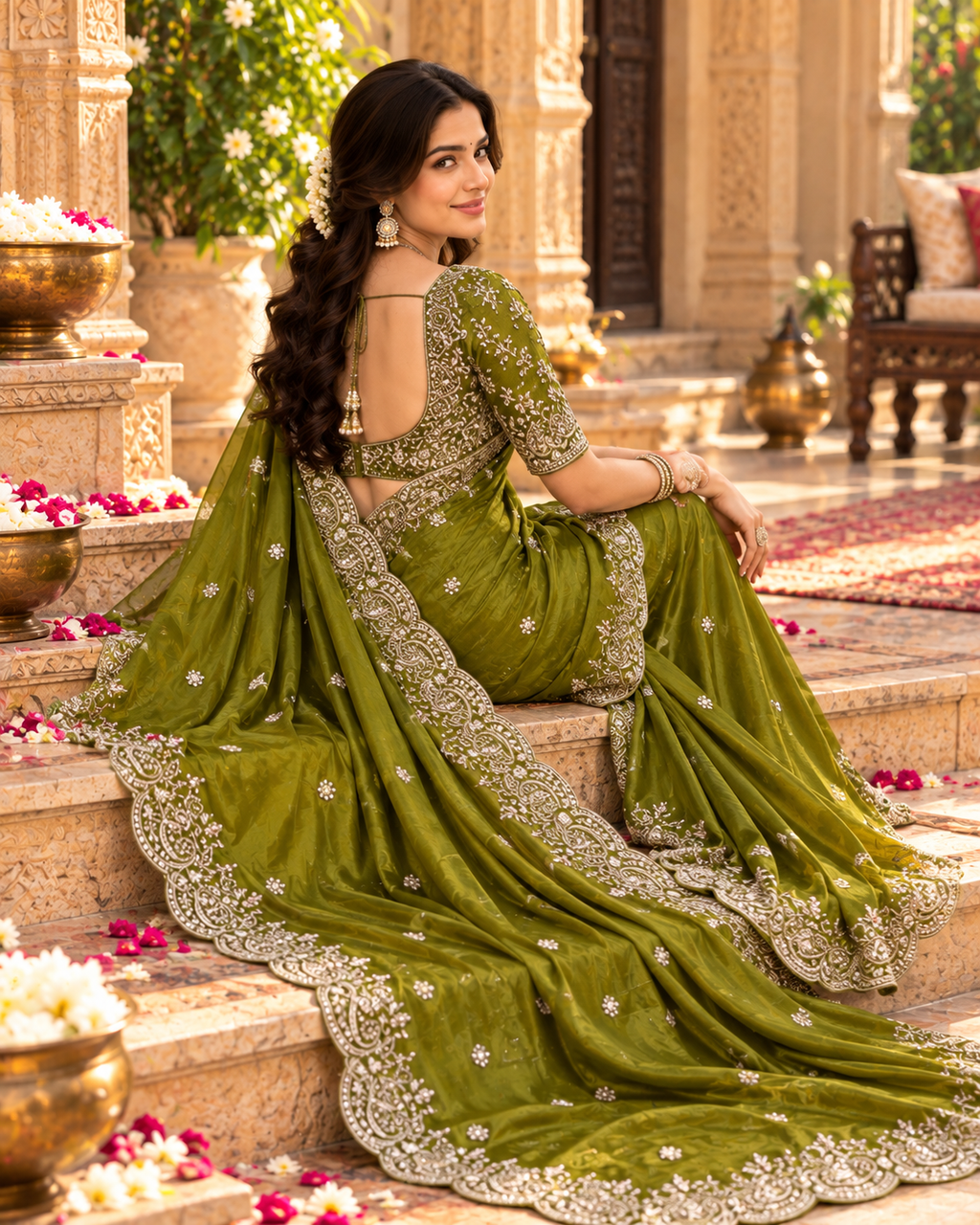 Premium Satin Silk Embroidery Work Saree With Unstitched Blouse(Green)