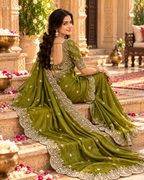 Premium Satin Silk Embroidery Work Saree With Unstitched Blouse(Green)