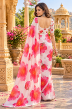 Georgette Floral Print Saree With Unstitched Blouse(White)