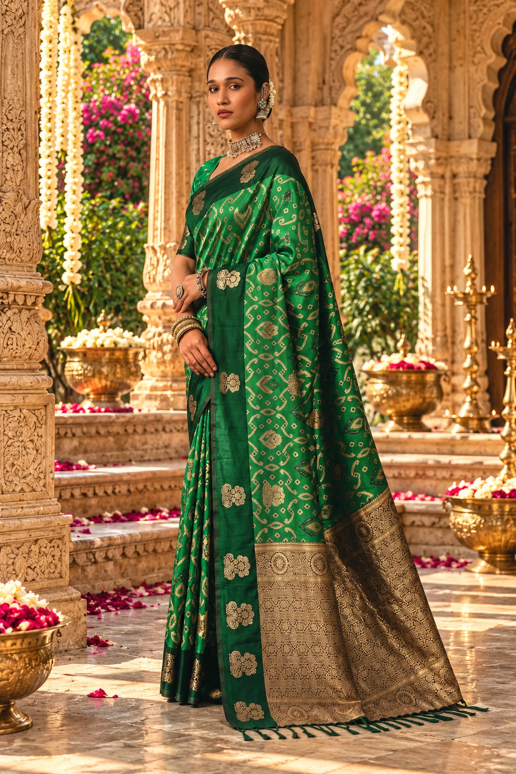 Pure Silk Zari Border Ikat Saree With Unstitched Blouse(Green)