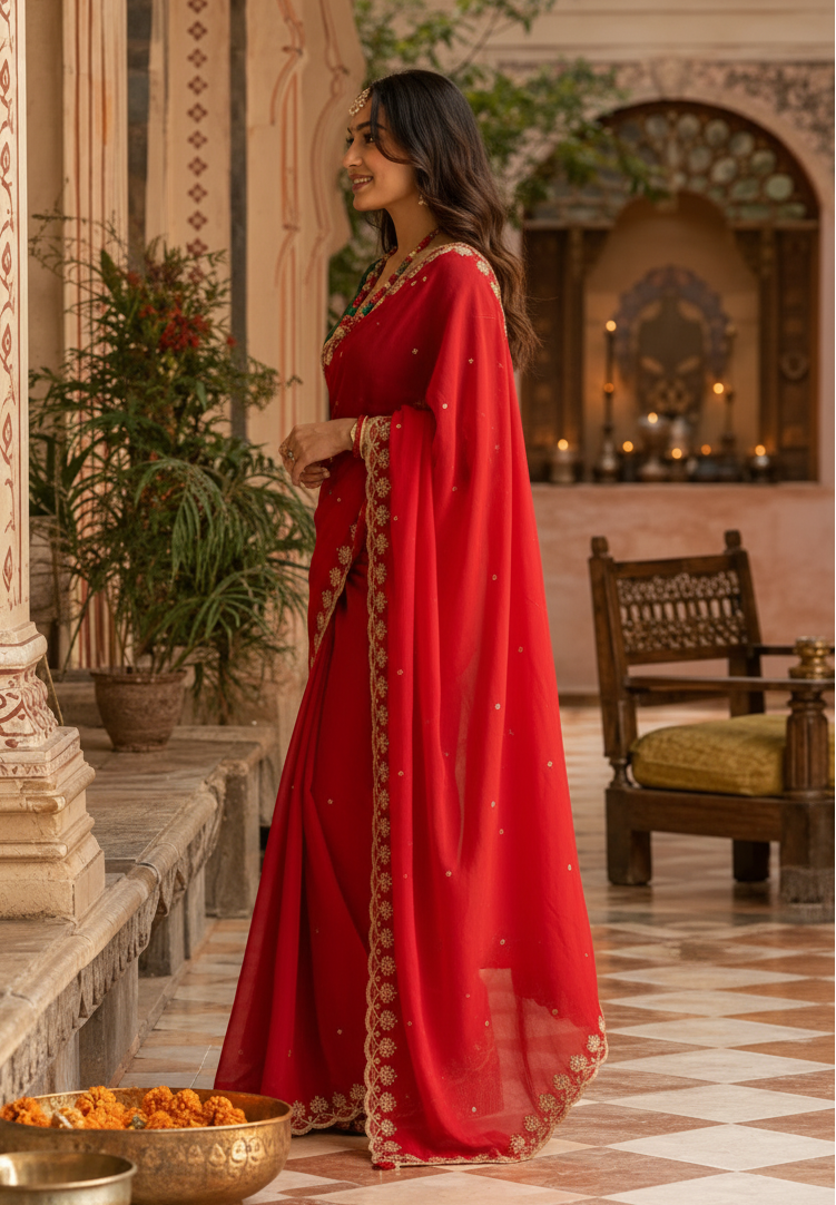 Georgette Embroidery Sequins Work Saree With Unstitched Blouse(Red)