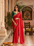 Georgette Embroidery Sequins Work Saree With Unstitched Blouse(Red)