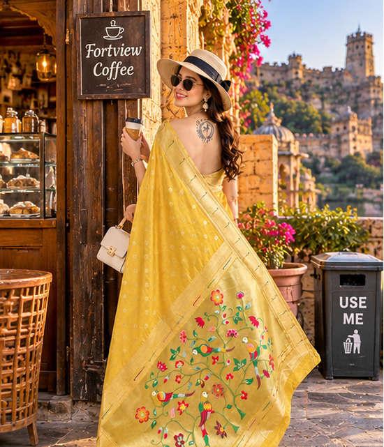Premium Paithani Silk Tissue Mina Butti Jari Pallu Saree With Unstitched Blouse (Yellow)