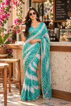 Star Space Silk Digital Print Bhungali Work Lace Border Saree With Unstitched Blouse(Blue)