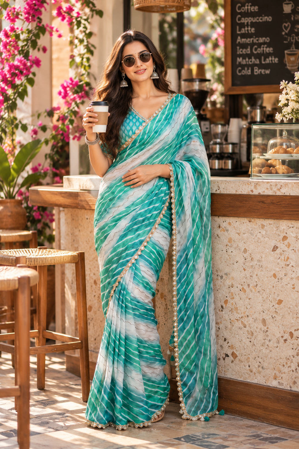 Star Space Silk Digital Print Bhungali Work Lace Border Saree With Unstitched Blouse(Blue)