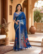 Mulmul Cotton Printed Saree With Unstitched Blouse(Blue)