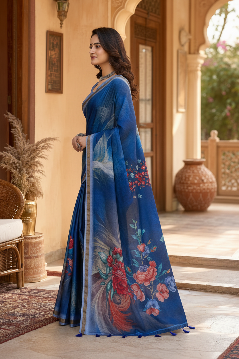 Mulmul Cotton Printed Saree With Unstitched Blouse(Blue)