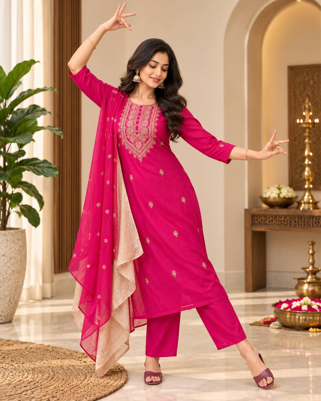 Roman Silk Kurti Pant With Dupatta Set(Pink)