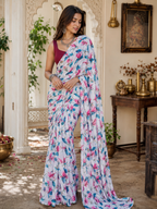 Satin Silk Printed Saree With Unstitched Blouse(White)