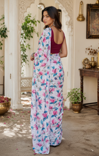 Satin Silk Printed Saree With Unstitched Blouse(White)