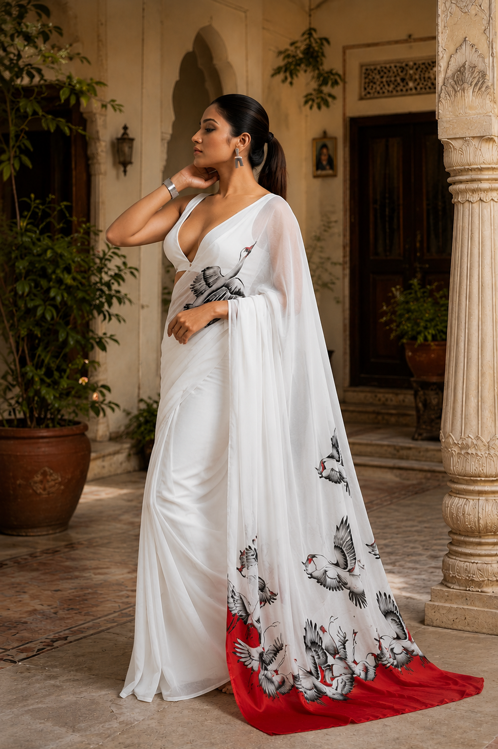 Swan Georgette Digital Print Saree Unstitched Blouse(White)