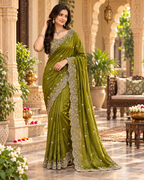 Premium Satin Silk Embroidery Work Saree With Unstitched Blouse(Green)