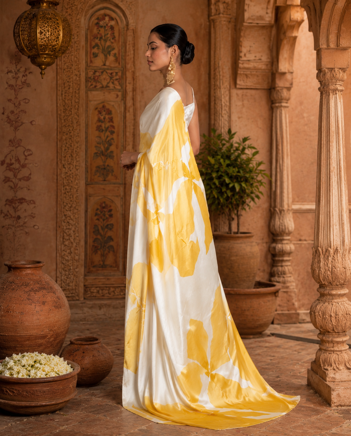 Japan Satin Printed Saree With unstitched Blouse(Yellow)
