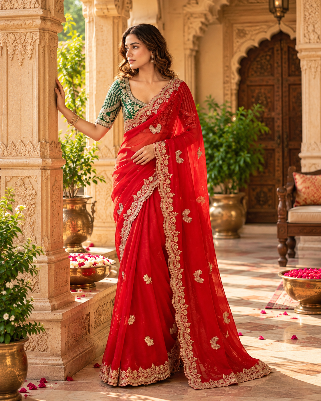 Premium Satin Silk Sequins Zari Work Saree With Blouse(Red)
