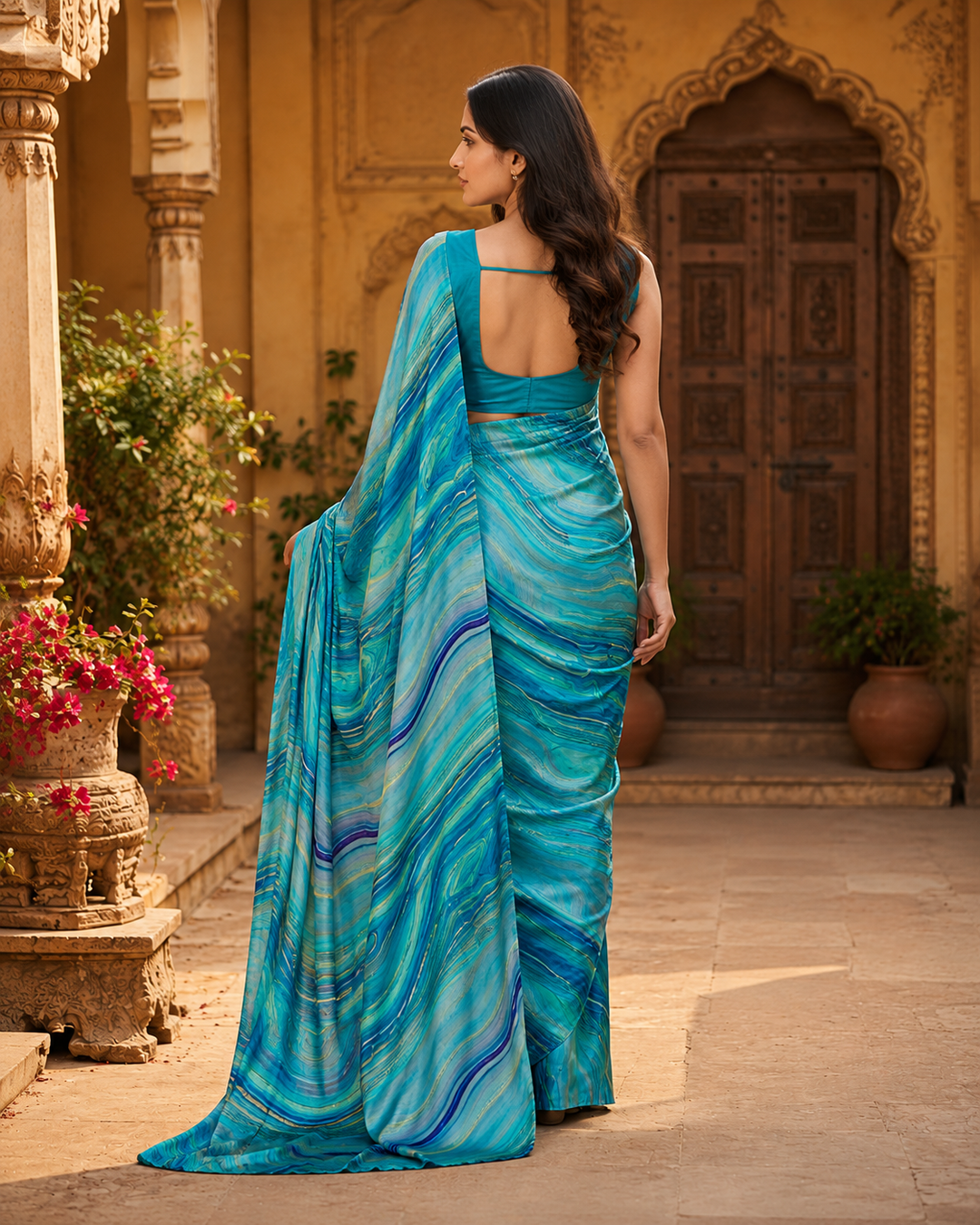 Satin Silk Printed Saree With Unstitched Blouse(Blue)