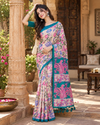 Tussar Silk Kalamkari Printed Saree With Unstitched Blouse(Light Pink)