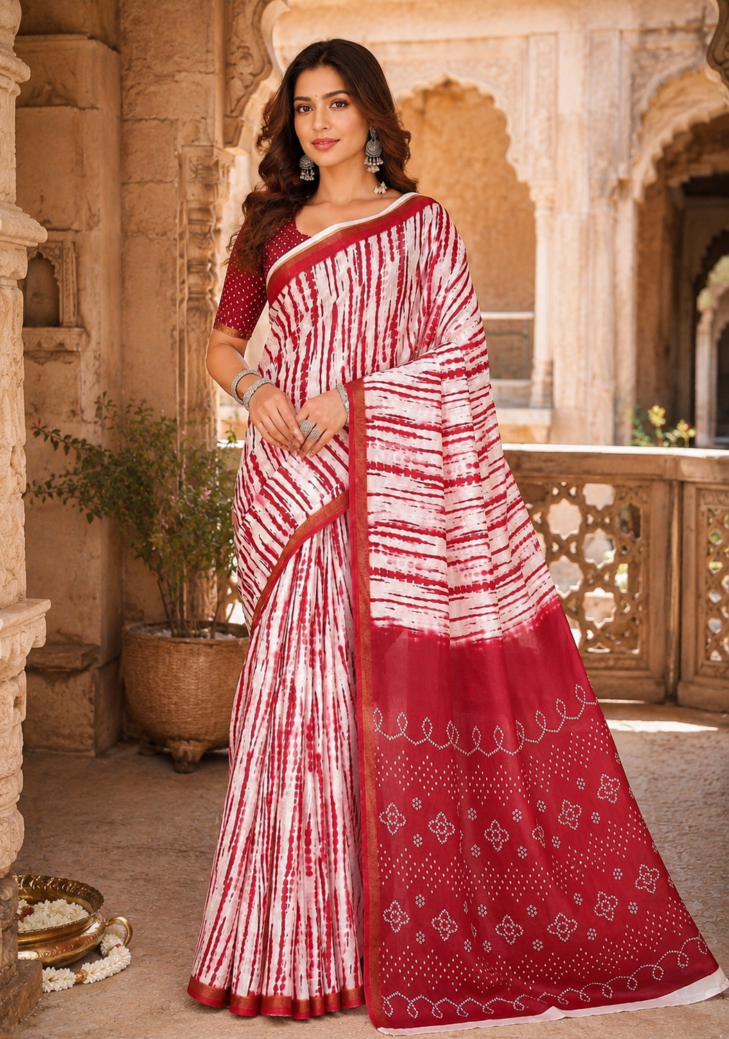 Linen Printed Saree With Unstitched Blouse(Red)