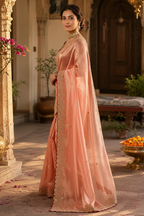 Satin Silk Embroidery Work Saree with Unstitched Blouse(Peach)