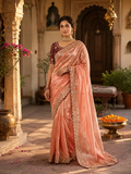 Satin Silk Embroidery Work Saree with Unstitched Blouse(Peach)