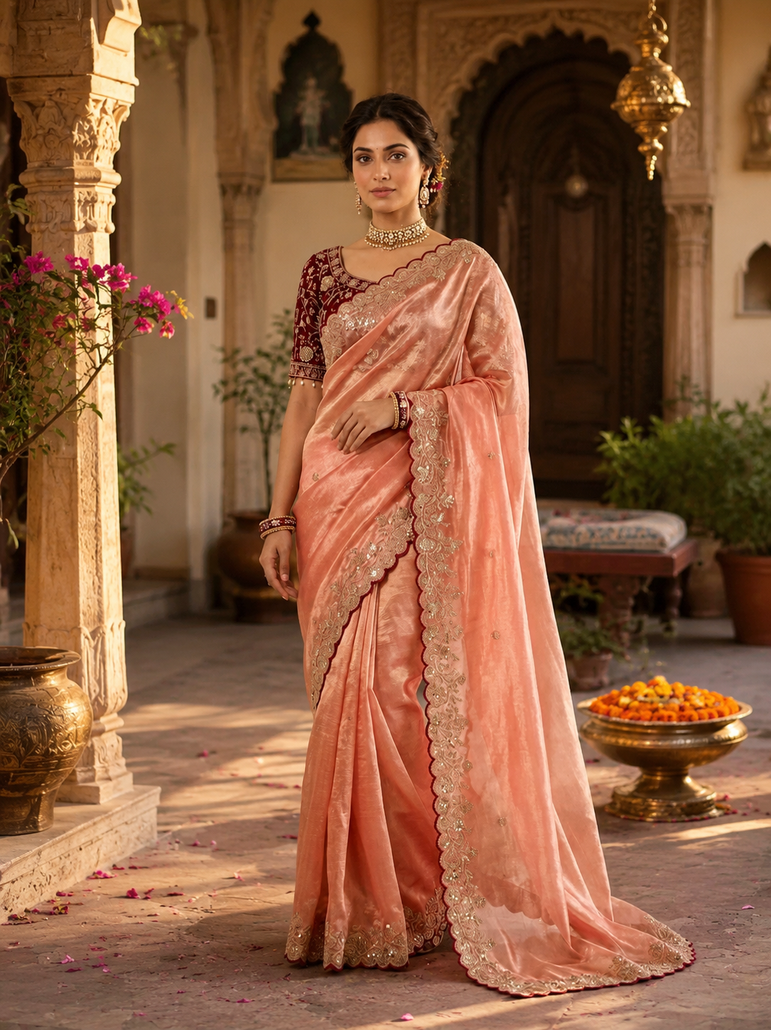 Satin Silk Embroidery Work Saree with Unstitched Blouse(Peach)
