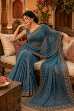 Moss Gold Shine Multi Sequence Emrodairy Work Saree With Unstitched Blouse (Blue)