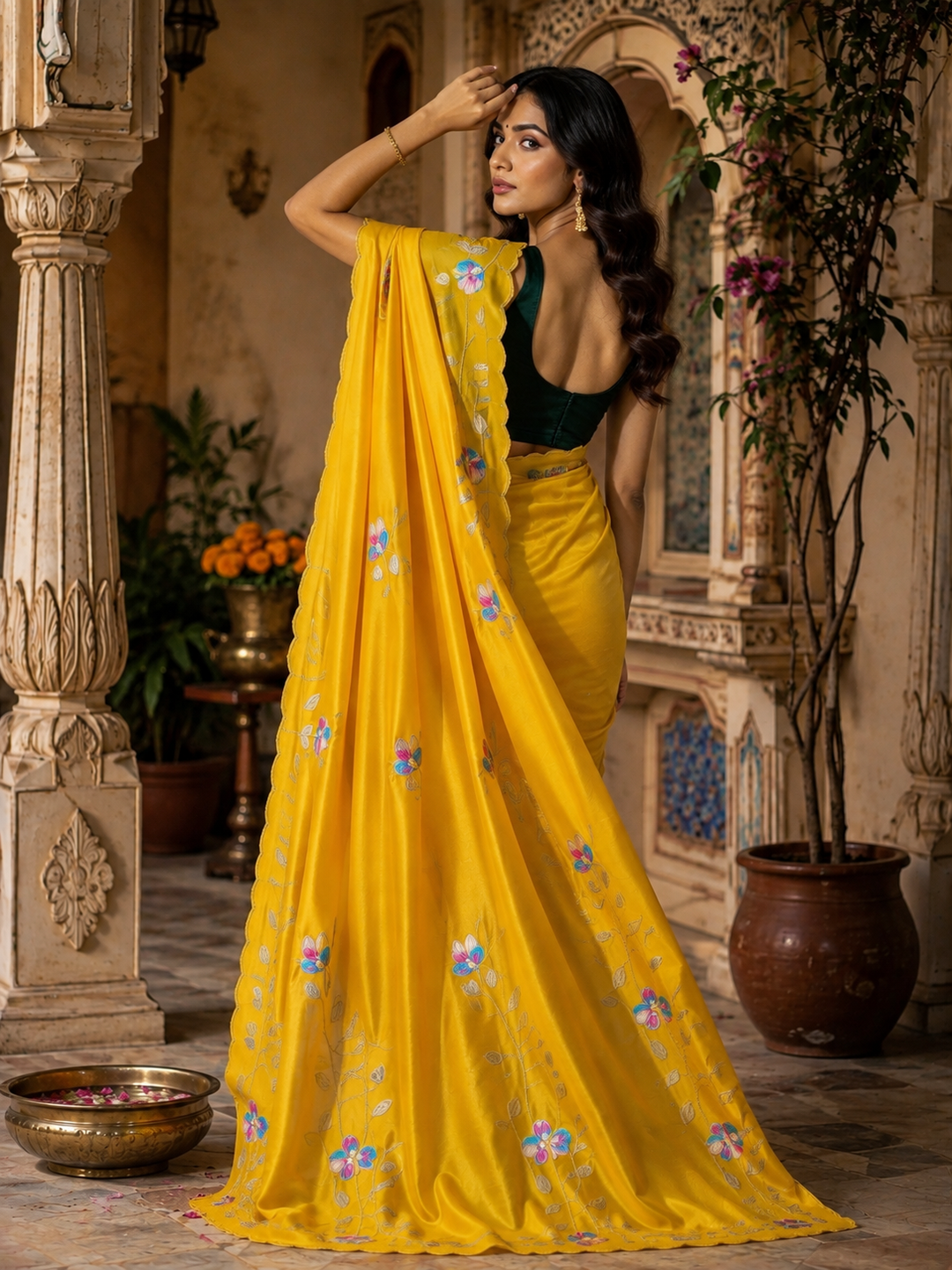 Premium Georgette Floral Print Saree With Unstitched Blouse(Yellow)