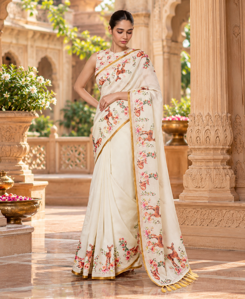 Soft Linen Floral Digital Print Saree With Unstitched Blouse(White)