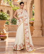 Soft Linen Floral Digital Print Saree With Unstitched Blouse(White)