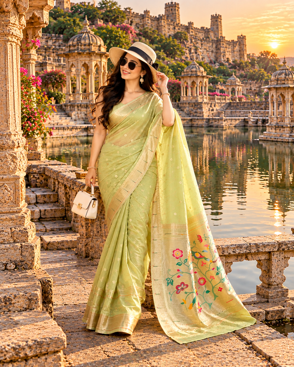 Premium Paithani Silk Butti Jari Work Saree With Unstitched Blouse (Apricot Peach)
