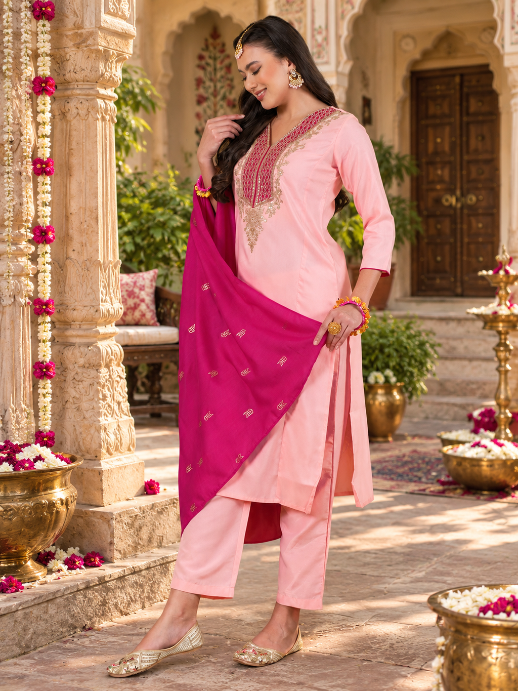 Simar Silk Party Wear Kurti Palazzo Set With Dupatta(Pink)