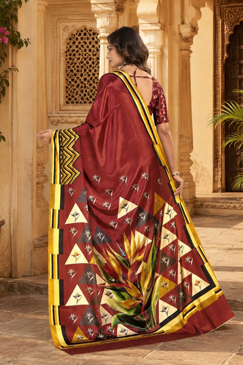 Premium Crepe Silk Digital Floral Print Saree With Unstitched Blouse(Red)