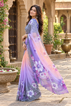 Georgette Digital Print Saree With Unstitched Blouse(Purple)