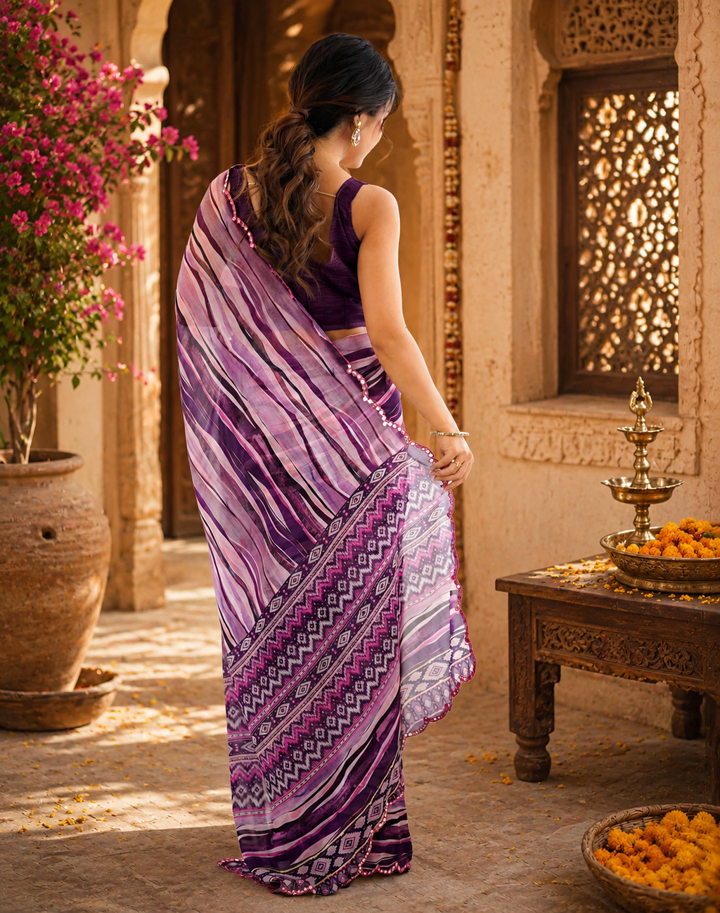 Georgette Printed Mirror Work Saree With Unstitched Blouse(Purple)