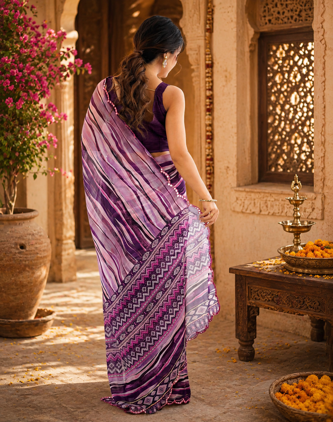 Georgette Printed Mirror Work Saree With Unstitched Blouse(Purple)