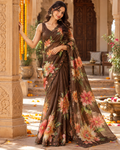 Soft Silk Digital Print Saree With Unstitched Blouse(Brown)