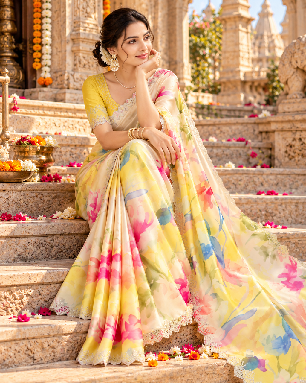 Pure Maheshwari Silk Saree With Unstitched Blouse(Yellow)