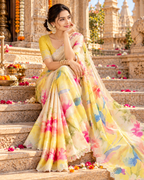 Pure Maheshwari Silk Saree With Unstitched Blouse(Yellow)