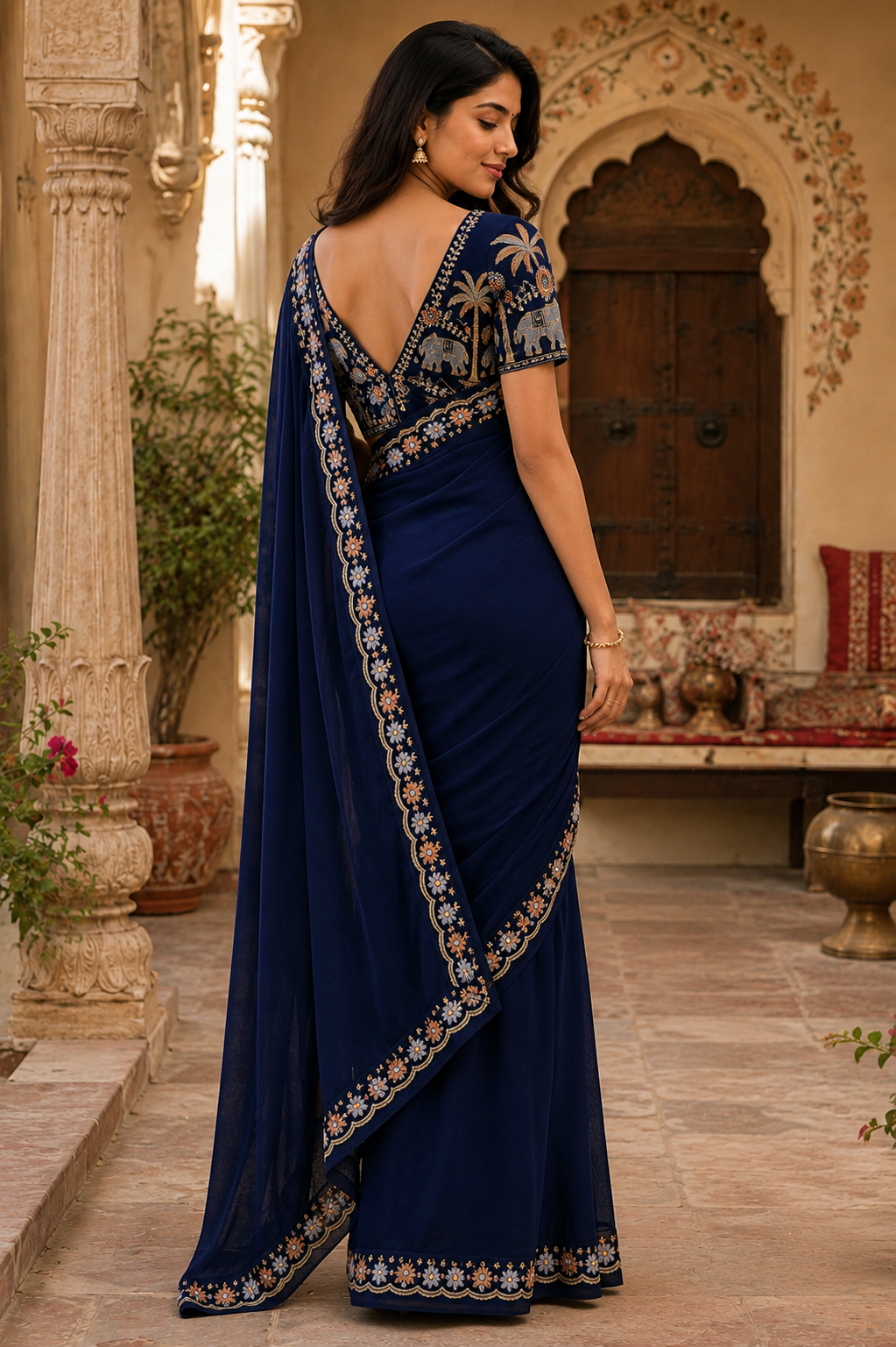 Sequins Embroidery Georgette Saree With Unstitched Blouse(Blue)