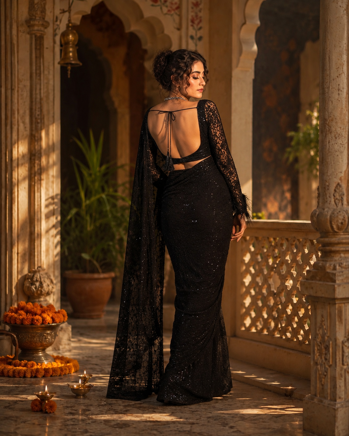 Soft Net  Sequins Embroidery Work  Border Scallop  Saree With Unstitched Blouse (Black)