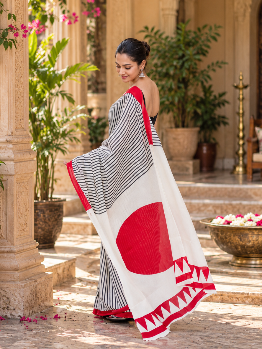 Cotton Printed Saree With Unstitched Blouse(White)