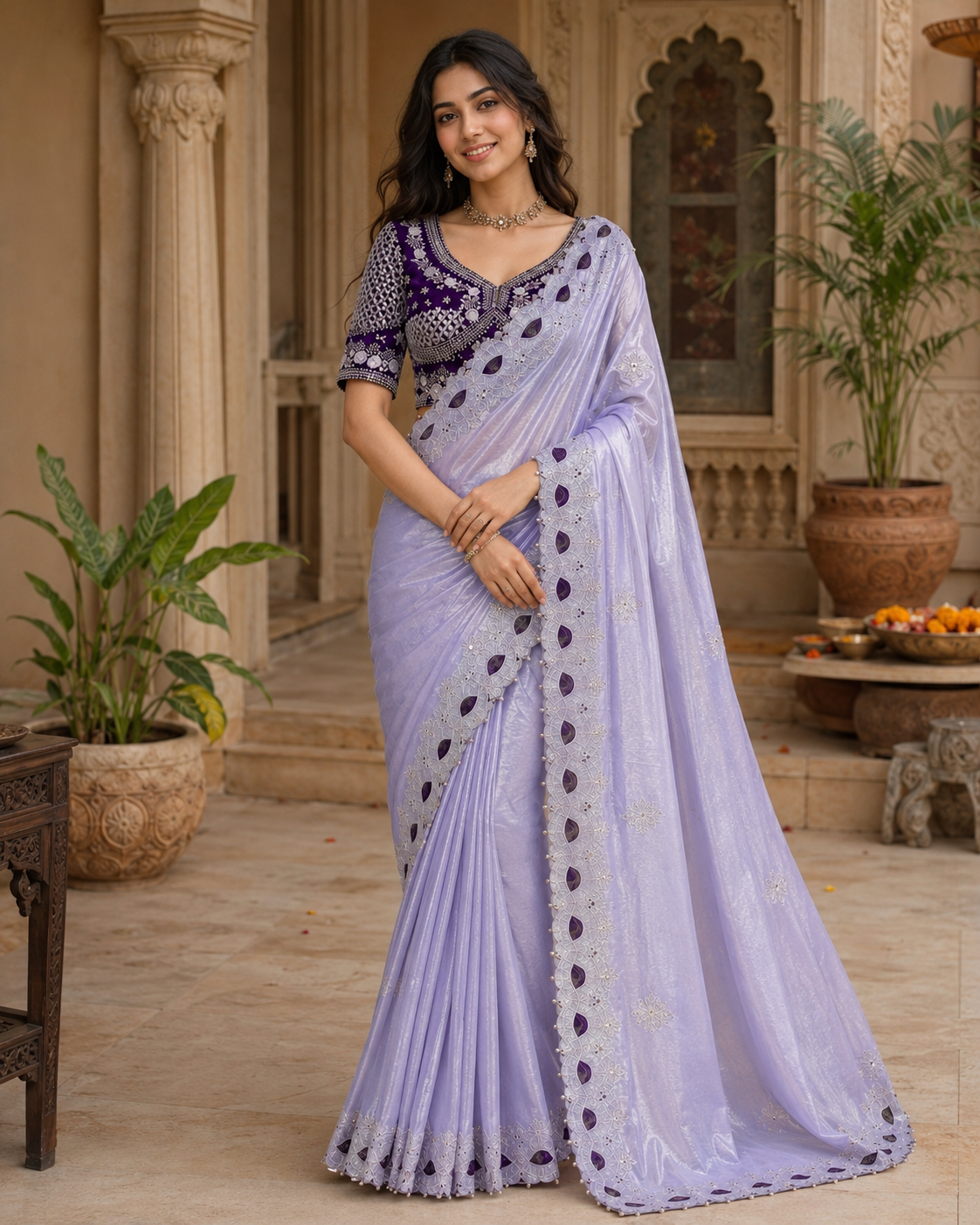 Premium Satin Silk Embroidery Work Saree With Unstitched Blouse(Lavender)