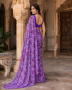 Premium Crepe Silk Floral Print Saree With Unstitched Blouse(Lavender)