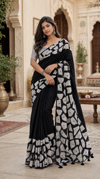 Georgette Mirror Work Saree With Unstitched Blouse(Black)