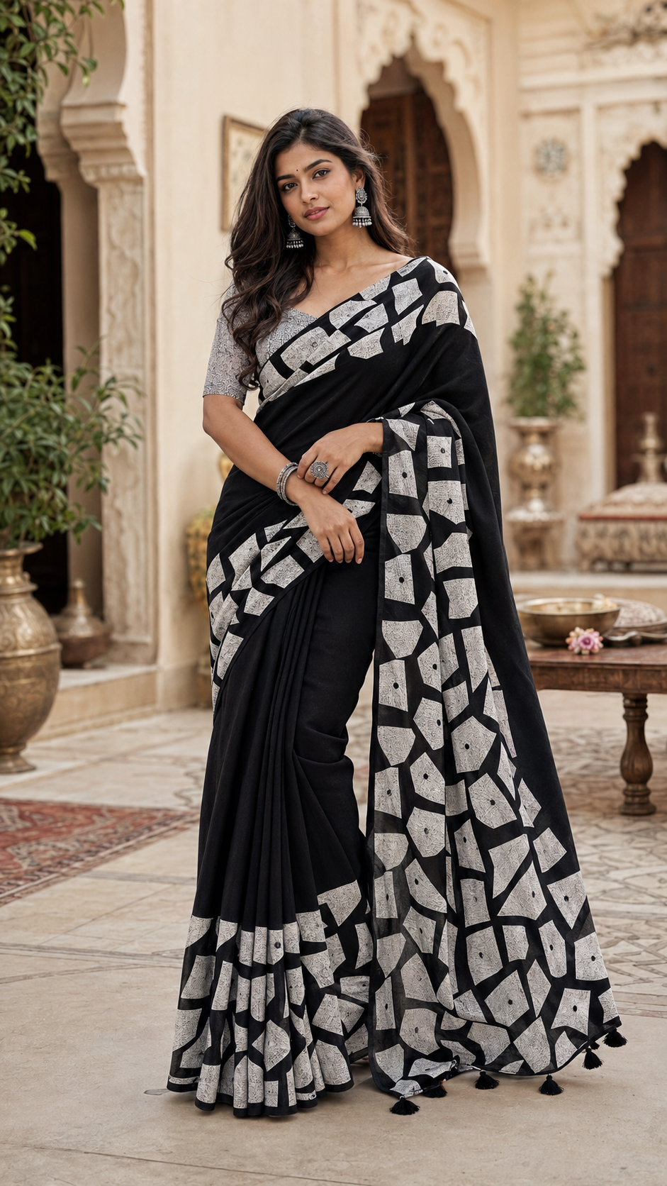 Georgette Mirror Work Saree With Unstitched Blouse(Black)