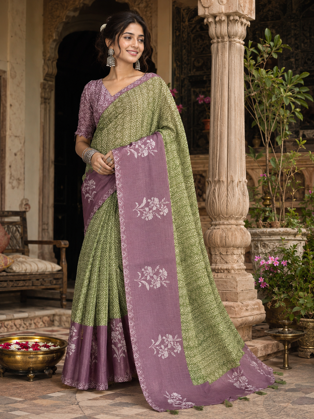 Cotton Printed Saree With Unstitched Blouse(Light Green)