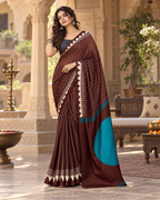 Satin Silk Ajrakh Printed Saree With Unstitched Blouse(Brown)
